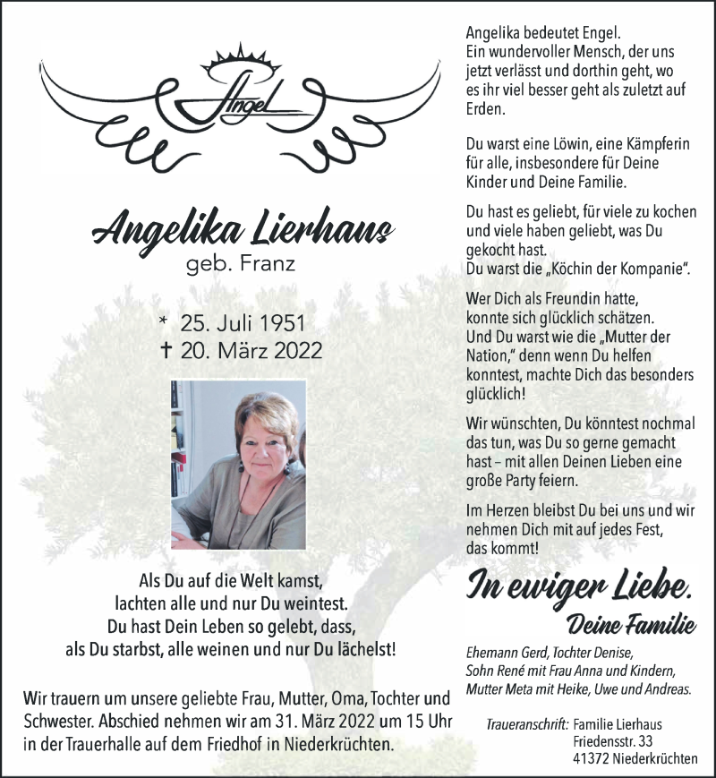  Traueranzeige für Angelika Lierhaus vom 27.03.2022 aus trauer.extra-tipp-moenchengladbach.de