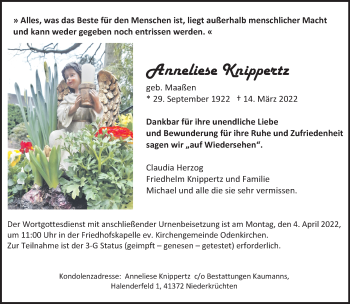 Traueranzeige von Anneliese Knippertz von trauer.extra-tipp-moenchengladbach.de