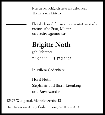 Traueranzeige von Brigitte Noth von trauer.wuppertaler-rundschau.de
