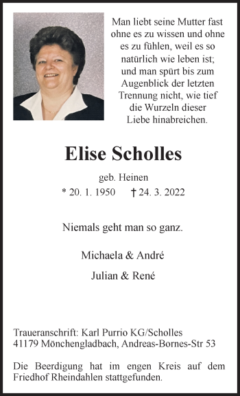 Traueranzeige von Elise Scholles von trauer.extra-tipp-moenchengladbach.de