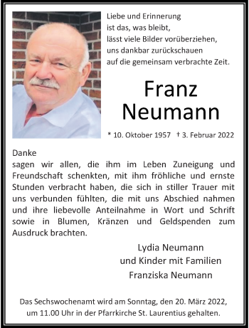 Traueranzeige von Franz Neumann von trauer.extra-tipp-moenchengladbach.de