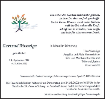 Traueranzeige von Gertrud Wasseige von trauer.extra-tipp-moenchengladbach.de