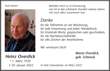 Traueranzeige von Heinz Overdick von trauer.extra-tipp-moenchengladbach.de