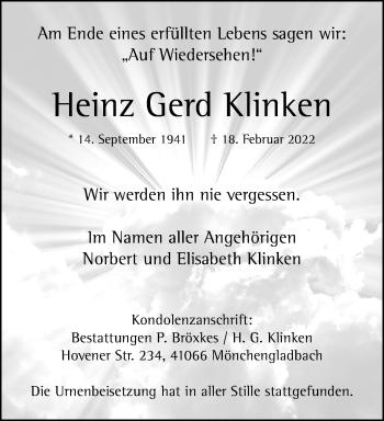Traueranzeige von Heinz Gerd Klinken von trauer.extra-tipp-moenchengladbach.de
