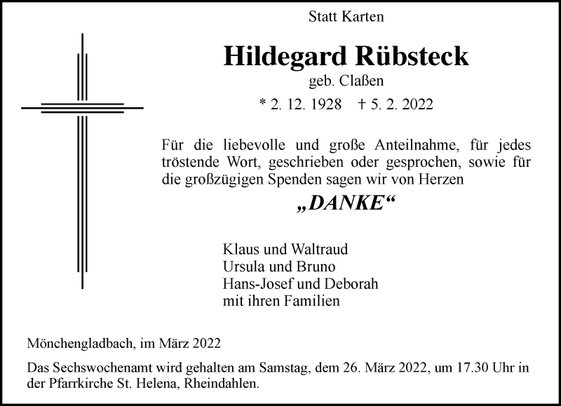  Traueranzeige für Hildegard Rübsteck vom 20.03.2022 aus trauer.extra-tipp-moenchengladbach.de