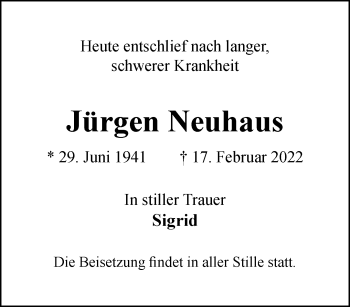 Traueranzeige von Jürgen Neuhaus von trauer.wuppertaler-rundschau.de