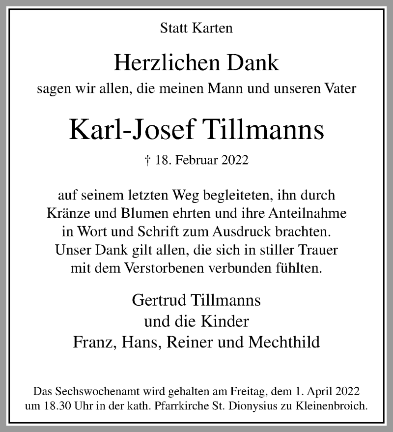  Traueranzeige für Karl-Josef Tillmanns vom 27.03.2022 aus trauer.extra-tipp-moenchengladbach.de