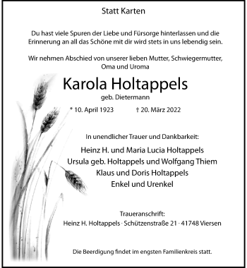 Traueranzeige von Karola Holtappels von trauer.extra-tipp-moenchengladbach.de