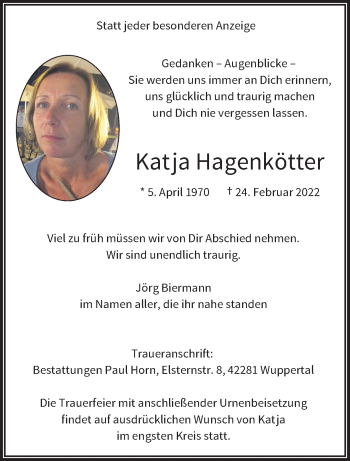 Traueranzeige von Katja Hagenkötter von trauer.wuppertaler-rundschau.de