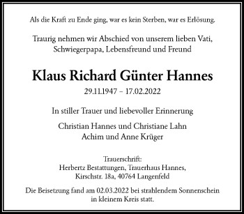 Traueranzeige von Klaus Richard Günter Hannes von trauer.wuppertaler-rundschau.de