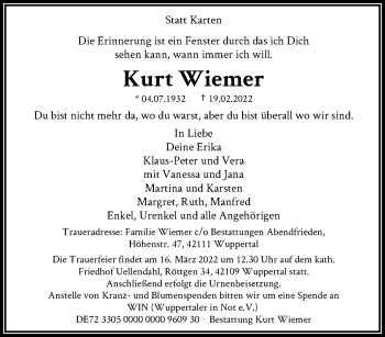 Traueranzeige von Kurt Wiemer von trauer.wuppertaler-rundschau.de