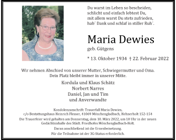 Traueranzeige von Maria Dewies von trauer.extra-tipp-moenchengladbach.de