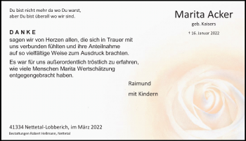 Traueranzeige von Marita Acker von trauer.extra-tipp-moenchengladbach.de