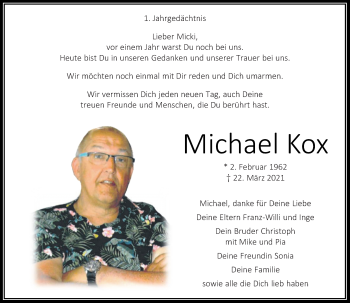 Traueranzeige von Michael Kox von trauer.extra-tipp-moenchengladbach.de