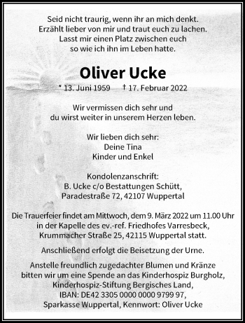 Traueranzeige von Oliver Ucke von trauer.wuppertaler-rundschau.de