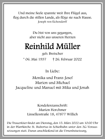 Traueranzeige von Reinhild Müller von trauer.extra-tipp-moenchengladbach.de