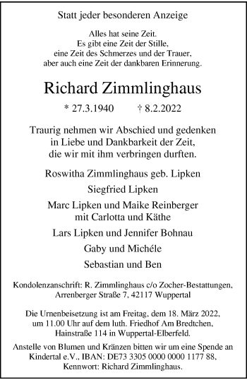 Traueranzeige von Richard Zimmlinghaus von trauer.wuppertaler-rundschau.de