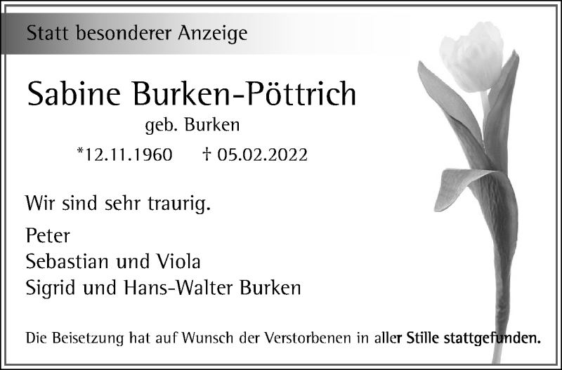  Traueranzeige für Sabine Burken-Pöttrich vom 06.03.2022 aus trauer.extra-tipp-moenchengladbach.de