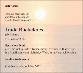Traueranzeige von Trude Bücheleres von trauer.extra-tipp-moenchengladbach.de