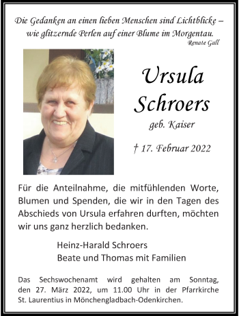 Traueranzeige von Ursula Schroers von trauer.extra-tipp-moenchengladbach.de