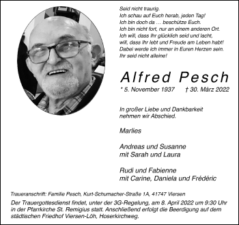 Traueranzeige von Alfred Pesch von trauer.extra-tipp-moenchengladbach.de