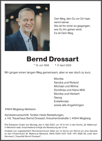 Traueranzeige von Bernd Drossart von trauer.extra-tipp-moenchengladbach.de