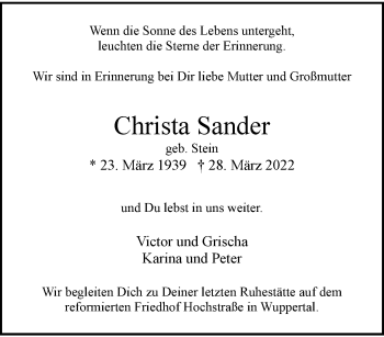 Traueranzeige von Christa Sander von trauer.wuppertaler-rundschau.de