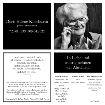 Traueranzeige von Doris Helene Kirschstein von trauer.extra-tipp-moenchengladbach.de