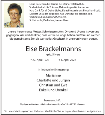 Traueranzeige von Else Brackelmanns von trauer.extra-tipp-moenchengladbach.de