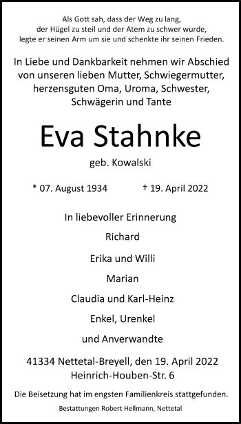 Traueranzeige von Eva Stahnke von trauer.extra-tipp-moenchengladbach.de