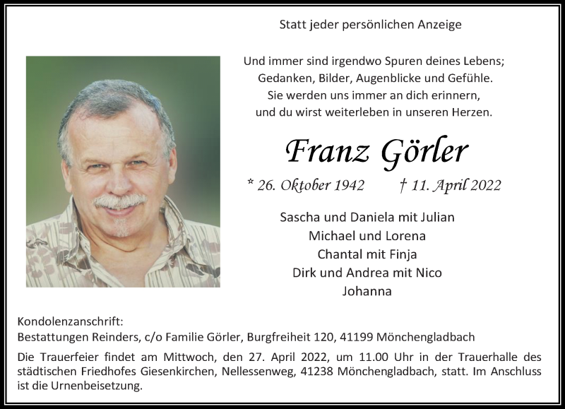 Traueranzeige für Franz Görler vom 17.04.2022 aus trauer.extra-tipp-moenchengladbach.de