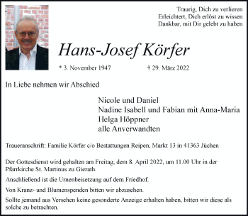 Traueranzeige von Hans-Josef Körfer von trauer.stadt-kurier.de