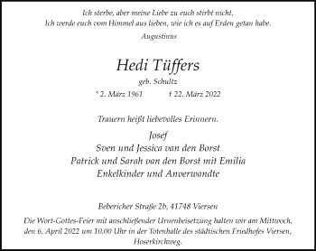 Traueranzeige von Hedi Tüffers von trauer.extra-tipp-moenchengladbach.de
