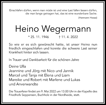 Traueranzeige von Heino Wegermann von trauer.wuppertaler-rundschau.de