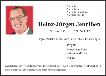 Traueranzeige von Heinz-Jürgen Jennißen von trauer.extra-tipp-moenchengladbach.de