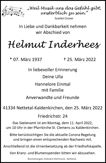 Traueranzeige von Helmut Inderhees von trauer.extra-tipp-moenchengladbach.de