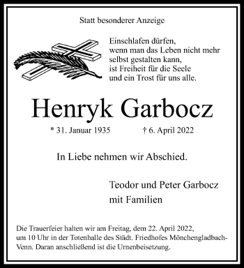 Traueranzeige von Henryk Garbocz von trauer.extra-tipp-moenchengladbach.de