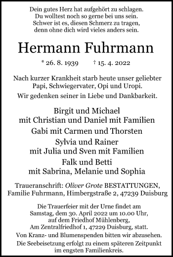 Traueranzeige von Hermann Fuhrmann von trauer.mein.krefeld.de