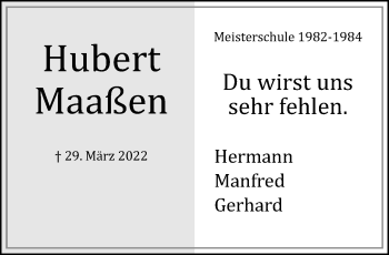 Traueranzeige von Hubert Maaßen von trauer.extra-tipp-moenchengladbach.de