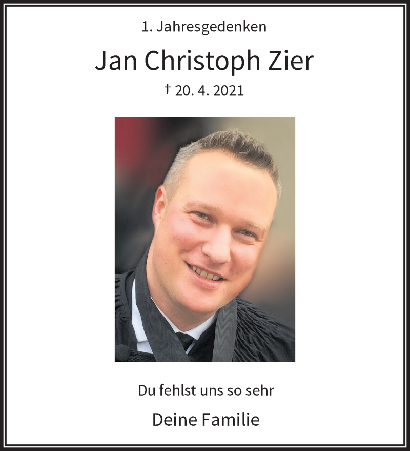  Traueranzeige für Jan Christoph Zier vom 16.04.2022 aus trauer.wuppertaler-rundschau.de