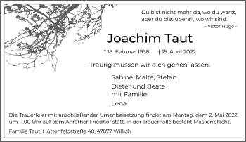 Traueranzeige von Joachim Taut von trauer.extra-tipp-moenchengladbach.de