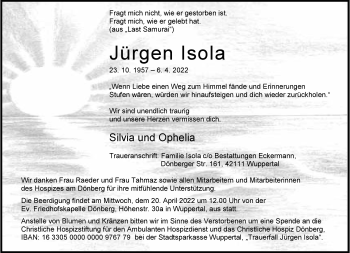 Traueranzeige von Jürgen Isola von trauer.wuppertaler-rundschau.de