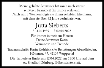 Traueranzeige von Jutta Sieberts von trauer.wuppertaler-rundschau.de