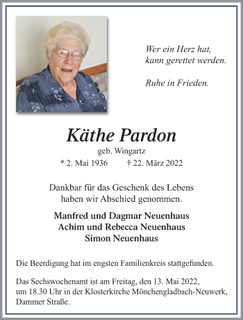 Traueranzeige von Käthe Pardon von trauer.extra-tipp-moenchengladbach.de