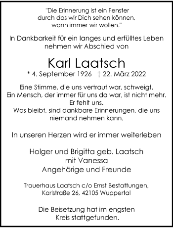 Traueranzeige von Karl Laatsch von trauer.wuppertaler-rundschau.de
