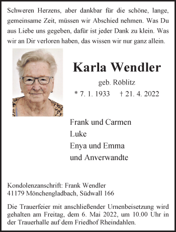 Traueranzeige von Karla Wendler von trauer.extra-tipp-moenchengladbach.de