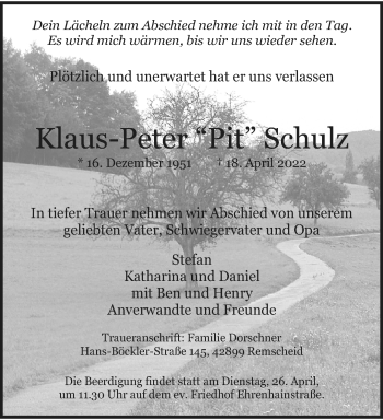 Traueranzeige von Klaus-Peter Schulz von trauer.wuppertaler-rundschau.de