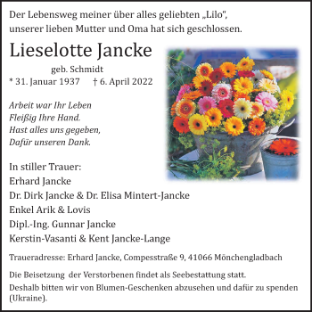 Traueranzeige von Lieselotte Jancke von trauer.extra-tipp-moenchengladbach.de