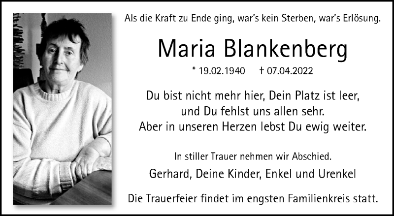  Traueranzeige für Maria Blankenberg vom 17.04.2022 aus trauer.extra-tipp-moenchengladbach.de