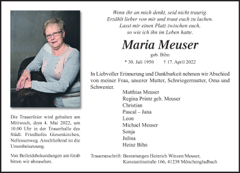 Traueranzeige von Maria Meuser von trauer.extra-tipp-moenchengladbach.de